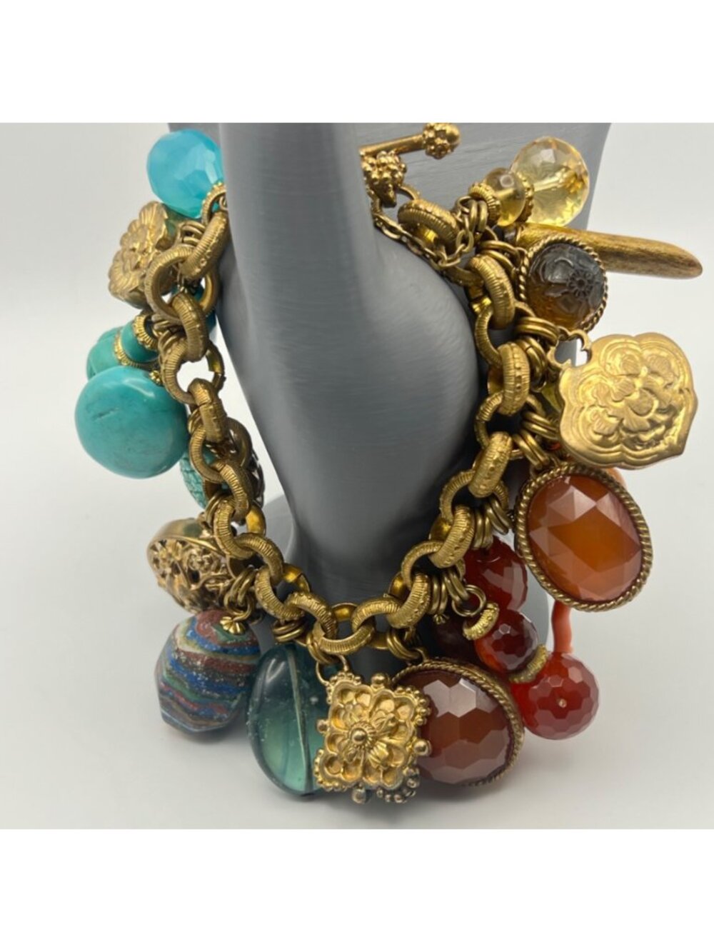 Stephen Dweck Charm Bracelet Vintage Bronze Turquoise Carnelian Gemstone - Picture 3 of 16